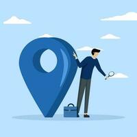 office location street information concept, map or directions to navigate or find position, Location search for business address, curious businessman search with magnifying glass with map location pin vector