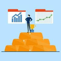 concept depicting business success, a businessman standing on a pile of gold, visualization with graphs and charts, trophy, Businessman winning. flat vector illustration design.