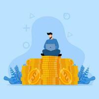 businessman sitting on a pile of coins to analyze investment, Set goals to make money and profit, Financial investment analysis Success in earning, flat vector illustration design.