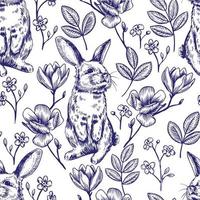 seamless vintage pattern with easter bunnies and spring flowers. blue color sketch, graphic vector