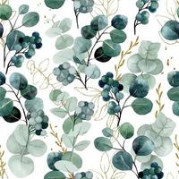 watercolor drawing. seamless pattern with eucalyptus leaves and golden elements. vintage print with gold vector