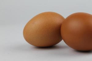 Two chicken eggs laying on a white background photo