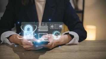 cybersecurity concept, user privacy security and encryption, secure internet access Future technology and cybernetics, internet security, screen with padlock. photo