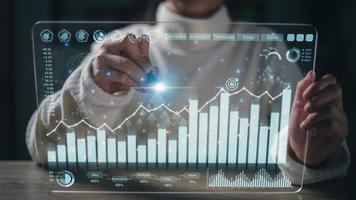 Analyst working on business analytics dashboard with KPI, charts and metrics to analyze data and create insight reports for executives and strategical decisions. Operations and performance management. photo