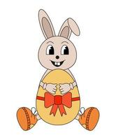 Easter bunny with egg and bow. Vector illustration in groovy retro style