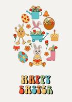 Easter card with elements in the shape of an easter egg in retro style. Groovy style  characters vector