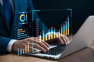 businessman analyzing business Enterprise data management, business analytics with charts, metrics and KPIs to improve organizational performance, marketing, financial organization strategy. photo