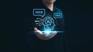 Concept Humans work with artificial intelligence, humans use intelligent AI technology enter command prompt for generates to solve problems, let AI help humans do their jobs. photo