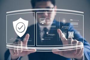 Cybersecurity and privacy concepts to protect data. Lock icon and internet network security technology. Businessmen protecting personal data on virtual interfaces. photo