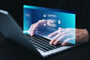 Concept Humans work with artificial intelligence, humans use intelligent AI technology enter command prompt for generates to solve problems, let AI help humans do their jobs. photo