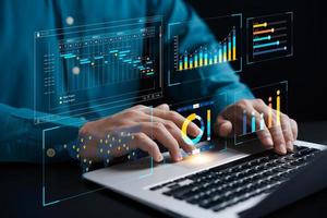 businessman analyzing business Enterprise data management, business analytics with charts, metrics and KPIs to improve organizational performance, marketing, financial organization strategy. photo
