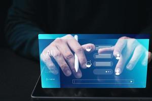 Concept Humans work with artificial intelligence, humans use intelligent AI technology enter command prompt for generates to solve problems, let AI help humans do their jobs. photo