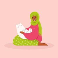 Happy  muslim arabic woman  with cat . Female holding cat on knees and petting  it. Pet ownership, pet parent.  Happy Mew Year and cats day.  Vector illustration.