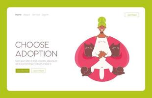 Web Landing template  Happy black  woman holding cats. Choose adoption.  Happy Mew Year and cats day.  Adopt cats and make them happy. Vector illustration.