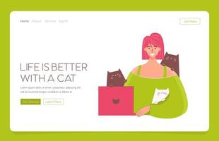 Web Landing  template Happy  woman  working at home. Cats bothering. Working with cats.  Pet ownership, pet parent.  Happy Mew Year and cats day.  Vector illustration.