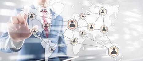 Social network with connected people 3D icons on map. Background for presentations. photo