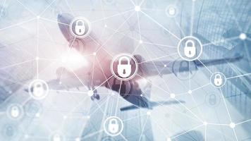 Data protection concept on modern server room background. Internet and digital technology concept. photo
