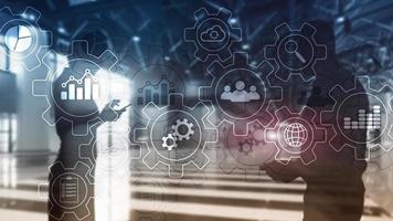 Business process abstract diagram with gears and icons. Workflow and automation technology concept photo