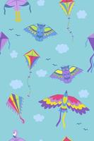 Seamless pattern with multi-colored kites of different shapes. Vector graphics.