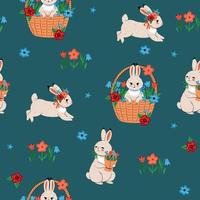 Seamless pattern with cute bunnies and flowers Vector graphics.