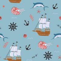 Nautical seamless pattern with ships, nautiluses, starfish, marlins. Vector graphics.