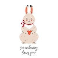 Cute rabbit holding a heart isolate on a white background. Vector graphics.