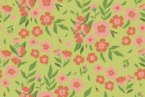 Seamless pattern with orange flowers on a green background. Vector graphics.