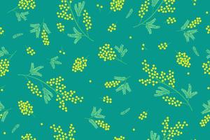 Seamless pattern with mimosa sprigs on a turquoise background. Vector graphics.
