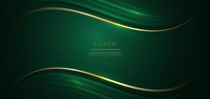 3D gold curved lines on dark green background with lighting effect and sparkle with copy space for text. Luxury design style. vector