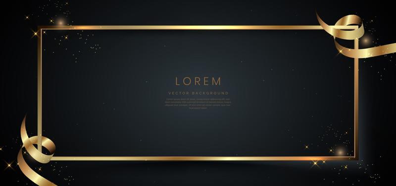 Abstract 3d gold curved ribbon on black background with lighting effect and sparkle with copy space for text. Luxury frame design style.