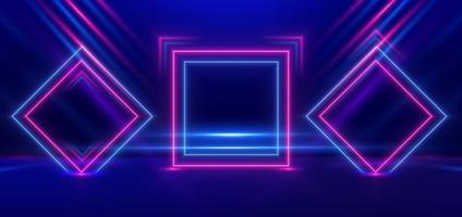 Abstract technology futuristic neon square frame glowing blue and pink light lines with speed motion blur effect on dark blue background. vector