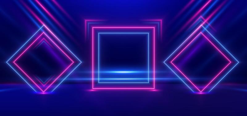 Abstract technology futuristic neon square frame glowing blue and pink light lines with speed motion blur effect on dark blue background.