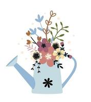 Flower with leaves, watering can with floral bouquet. Vector flowers. Spring art. Happy Easter, Woman Day element. Folk style. Posters for the spring holidays isolated on white background.