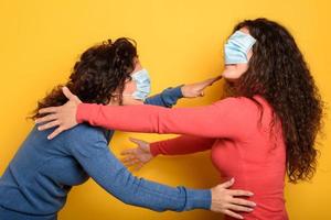 Funny friend are blindfolded with face mask. concept of confusion photo