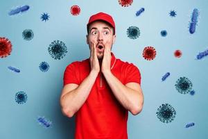 Courier is worried due viruses and bacteria in air. Concept of pandemic photo