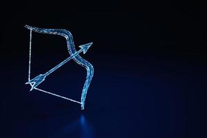 Illuminated wireframe of a bow and arrow on dark blue background. 3D Rendering photo