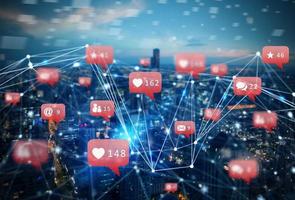 Internet network of a city with social network icon, heart, messages, emails photo