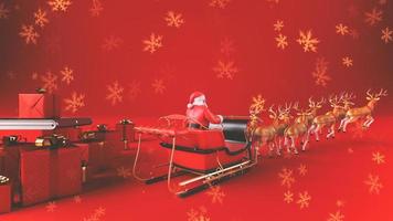 Papa Noel claus en trineo con reno Listo a distribuir Navidad regalos en rojo antecedentes con dorado nieve copos foto