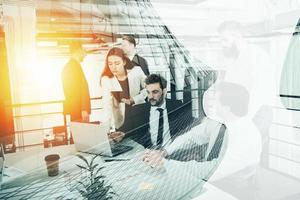 Concept background with business people working in a modern office. Double exposure photo