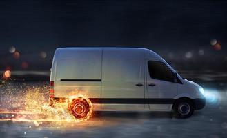 Super fast delivery of package service with van with wheels on fire photo