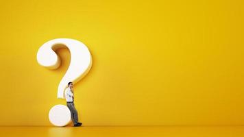 Man leaning on a big white question mark on a yellow background. 3D Rendering photo