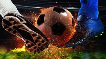 Soccer players with fiery soccerball during the match photo