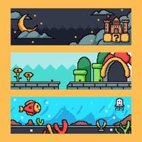 Arcade Game Pixelated Scene Banners Set vector