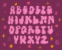 Funky rave groovy font from the 60s in psychedelic style. Vector modern cartoon alphabet