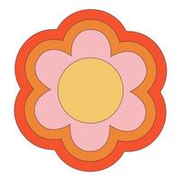 Retro 70s Groovy Hippie sticker daisy flower. Psychedelic cartoon element -funky illustration in vintage hippie  style. Vector flat illustration for banner, flyer, invitation, card.