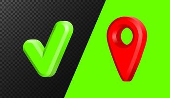 Vector realistic map pointers. Map pointer 3d pin. Location symbols. 3d icon marker or route gps position navigator sign isolated, cut out. Check Mark Icon.