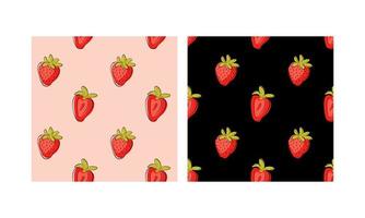 Set of seamless patterns with strawberries. Summer sweet bright berries. Hand drawn food illustration. Berries print. Vector Seamless Pattern. Strawberries Summer Striped Background.