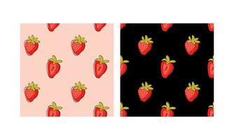 Set of seamless patterns with strawberries. Summer sweet bright berries. Hand drawn food illustration. Berries print. Vector Seamless Pattern. Strawberries Summer Striped Background.