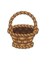 Empty brown wicker basket with handle in a simple cartoon style. Drawing illustration of straw basketry. Isolated vector object for decor. Illustration for children, children's design.