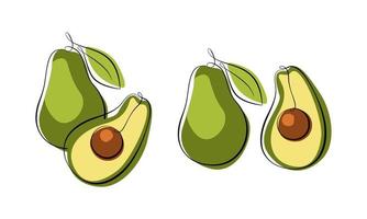 Vector sketch of avocado fruits outline and colored spots. Avocado or alligator pear isolated mexican fruit sketch. Guacamole food ingredient.